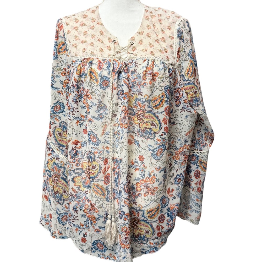 Jeans‎ by Buffalo Floral Paisley Peasant Blouse Lace Up Boho Women's Large